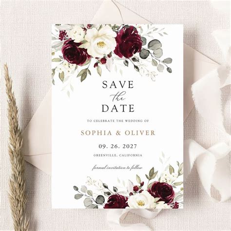 Floral Burgundy White Greenery Gold Save The Date Invitation Zazzle