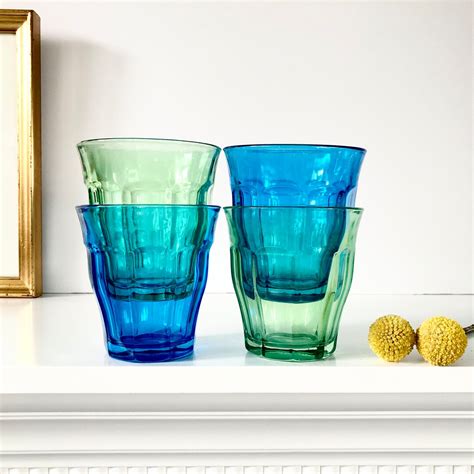 Vintage French Bistro Glasses Duralex Blue Green Made In France Duralex Picardie Juice Water