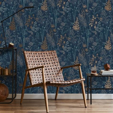 Organics Wildflower Navy Copper Wallpaper Graham Brown