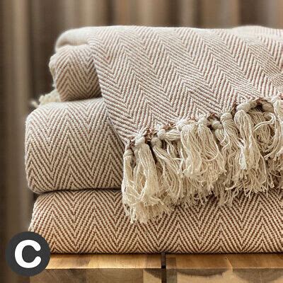 Luxury 100 Cotton Natural Beige Brown Herringbone Large Sofa Bed Throw