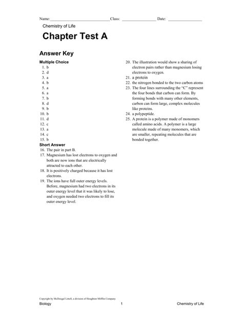 Chemistry Of Life Worksheets Answer Key