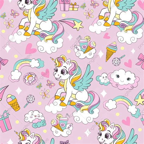 Cute Winged Unicorns With Sweets And Magic Elements Seamless Pattern On