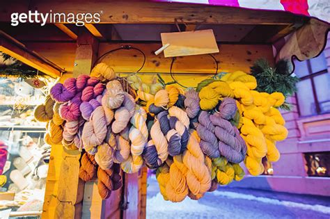 Yarn On Stalls At Christmas Market In Riga