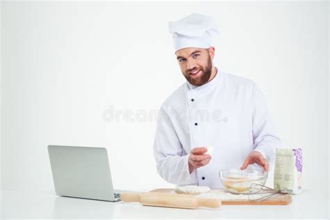 Happy Male Chef Cook Baking With Laptop Stock Image Image Of Kitchen