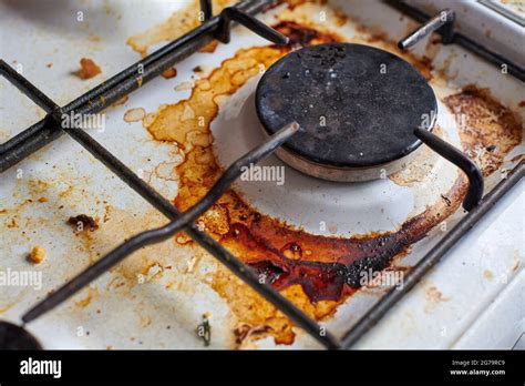 Dirty Grease Stove With Food Leftovers Unclean Gas Kitchen Cooktop