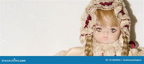 Closeup Of A Blonde Porcelain Doll Isolated On White Background Vintage Toys Stock Image