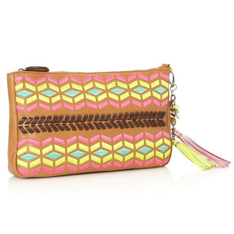 Butterfly By Matthew Williamson Designer Tan Tribal Embroidered Clutch