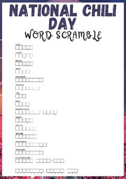 National Chili Day No Prep Word Scramble Puzzle Worksheet Activity