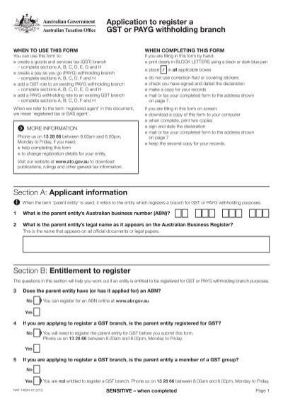 Application To Register A Gst Or Payg Withholding Branch Section B