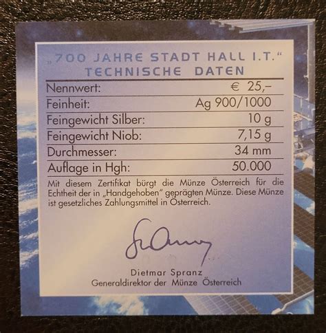 2003 Stadt Hall In Tirol Österreich 25 Euro Niob Silber Münze mit