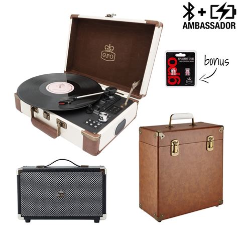 Gpo Ambassador 3pc Bundle Cream Record Player With Brown Case Black Speaker