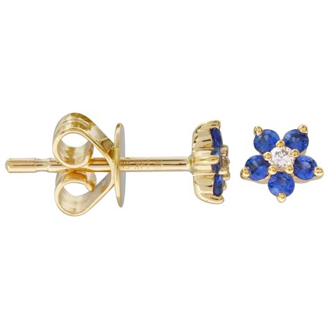 14k Yellow Gold Diamond Sapphire Flower Stud Earrings Etsy