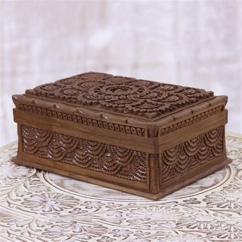 Unicef Market Hand Carved Walnut Wood Jewelry Box With Floral Motif