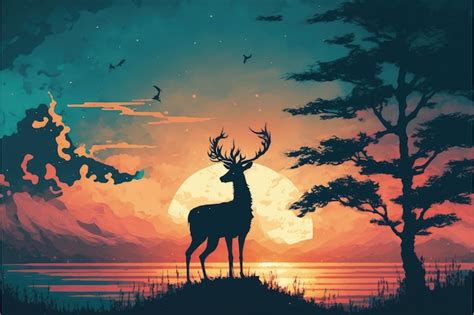 Premium AI Image | A deer on a lake with a sunset in the background