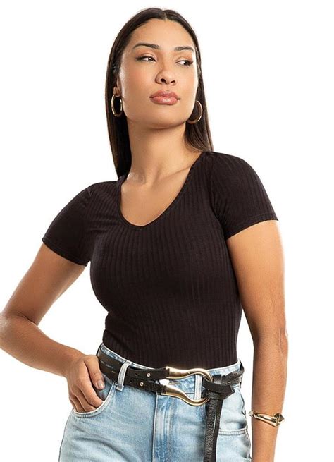 Blusa Feminina Em Canelado De Manga Curta Preto Habana