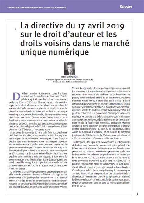 Dossier La Directive Du 17 Avril 2019 Sur Le Droit Dauteur Et Les