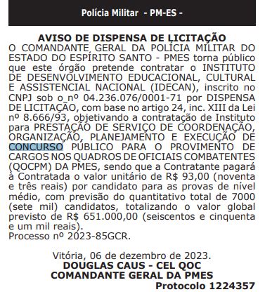 Concurso Pm Es Idecan A Banca Edital Para Oficiais Em Breve