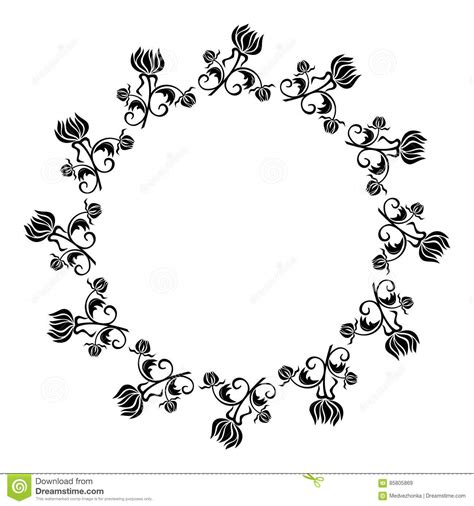 Cadre Rond Noir Et Blanc Avec Des Silhouettes De Fleurs Image Stock