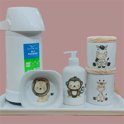 Kit Higiene Bebê Safari 6 Pçs Peças Porcelana Tampas Pinus