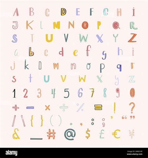 Alphabet Numbers Punctuations Vector Doodle Font Pastel Set Stock