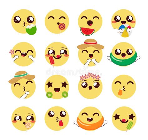 Set Di Vettori Emoticon Estivo Emoticon Emoji Personaggi Emoji Con