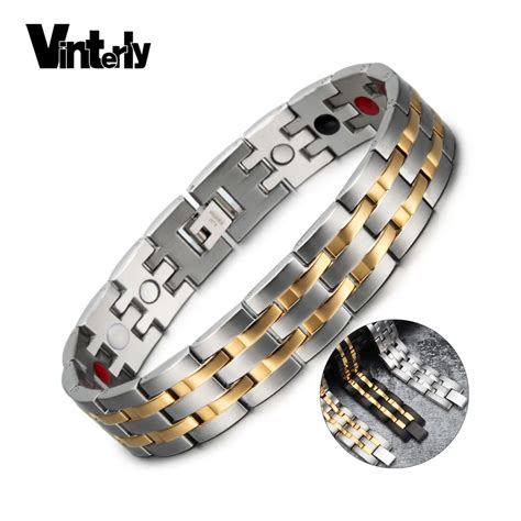 Vinterly Magnetic Bracelet Male Gold Color Stainless Steel Magnetic