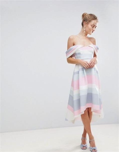 Asos Asos Bardot Cold Shoulder Dip Back Pastel Stripe Prom Dress