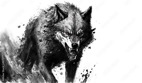 A drawing of an aggressive alpha black wolf showing his teeth, on white ...