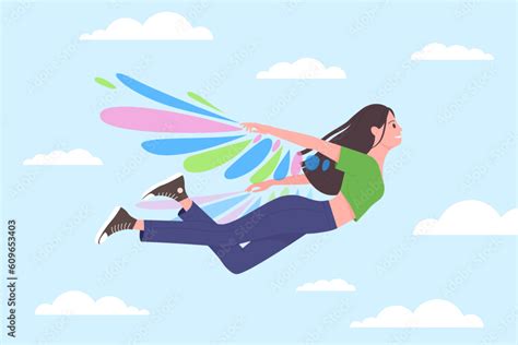 vetor de happy girl flying  colorful wings  blue sky  clouds