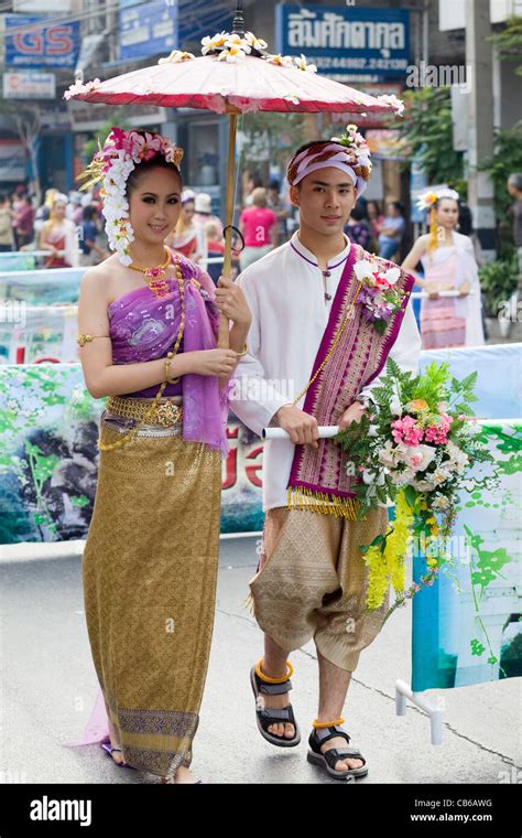 Thailand Chiang Mai Couple In Traditional Thai Costume At The Chiang Mai Flower Festival Stock