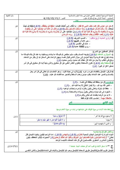 امتحان التربية الاسلامية مع التصحيح وسلم التنقيط للفصل الأول السنة