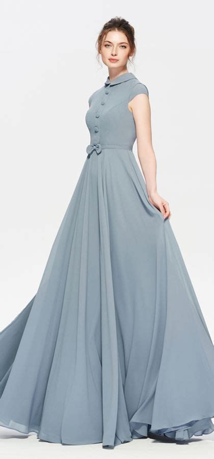 Modest Dusty Blue Bridesmaid Dress Cap Sleeves Elegant Long Bridesmaid