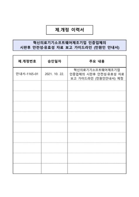 혁신의료기기소프트웨어제조기업인증업체의 시판 후 안전성·유효성 자료 보고 가이드라인민원인안내서