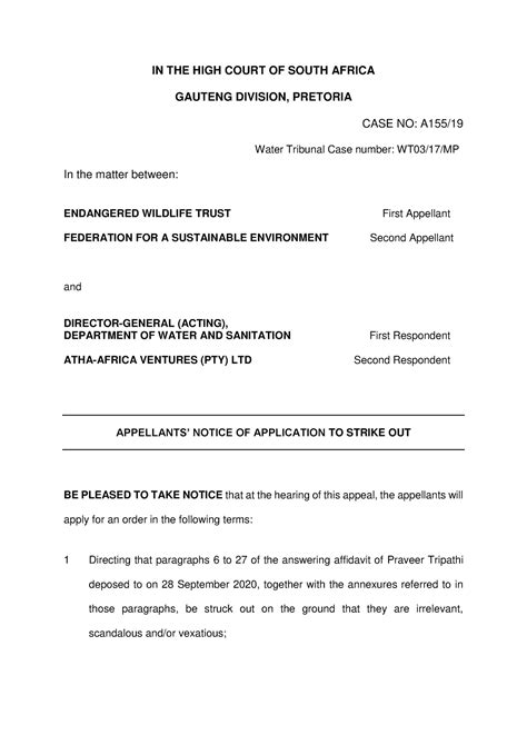 Notice Of Application To Strike Out Final In The High Court Of South