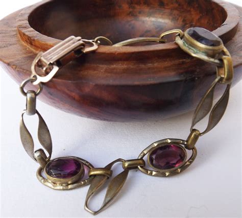 S Art Deco Purple Glass And Brass Bracelet Brass Link Purple Glass