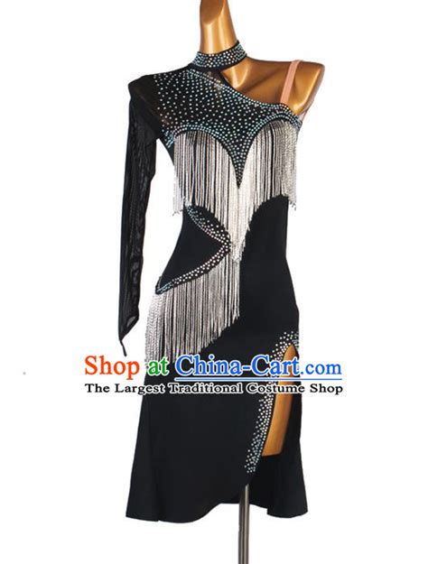 Professional Latin Dance Cha Cha Dance Black Tassel Dress Modern Dance