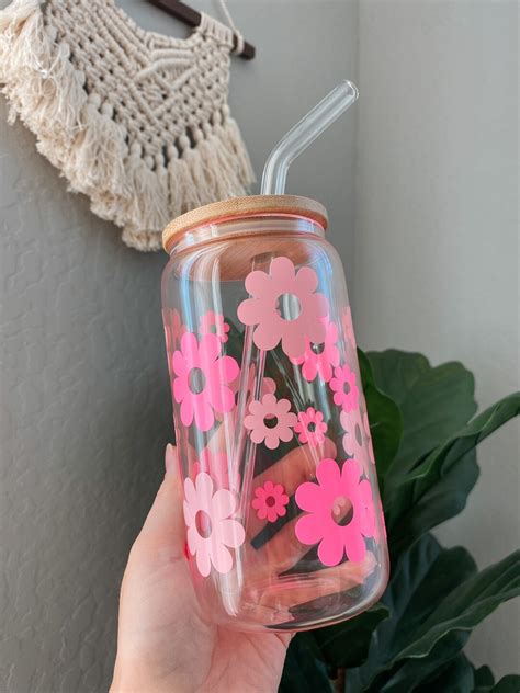 Pink Groovy Retro Flowers Glass Cup Glass Can Cup Iced Coffee Cup Beer