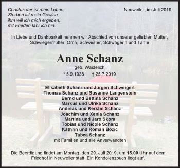 Traueranzeigen Von Anne Schanz Schwarzw Lder Bote Trauer