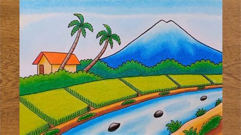 Cara Menggambar Pemandangan Alam yang Mudah || Gambar Gunung Sawah dan ...