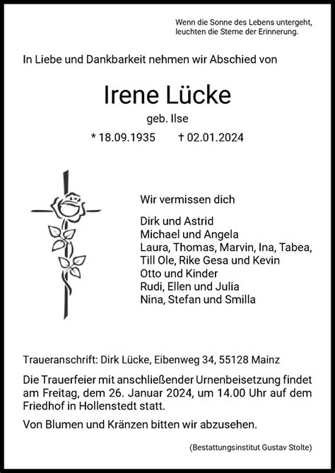 Traueranzeigen von Irene Lücke Trauer HNA de