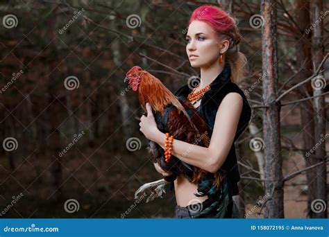 Woman Holding A Rooster In Her Hands Red Makeup On Girl Face Creative