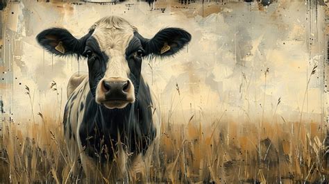 Premium Photo | A painting of a cow in a field with the words cow on it