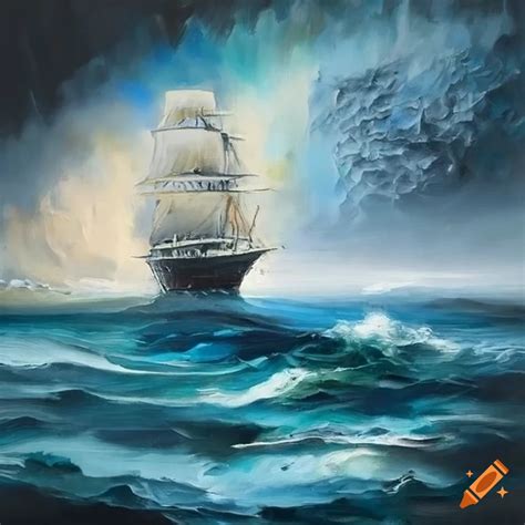 Textured Oil Painting Of Ship In Stormy Sea On Craiyon