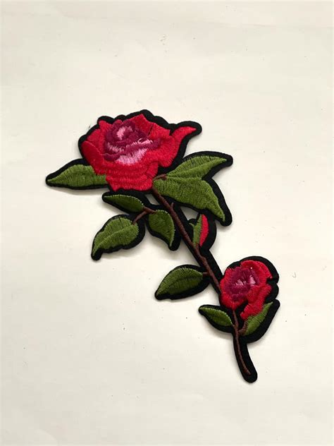 Satin Red Stem Rose Iron On Single Rose Embroidered Patch Red Rose