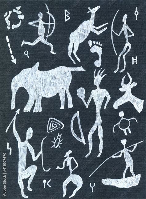 graphic primitive rock paintings of animals, people, hunters, elephants and deer.prehistoric ...