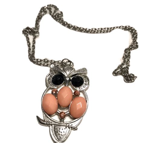 Silvertone Black Eye Owl Pendant Pink Faceted Stones On Chain 23