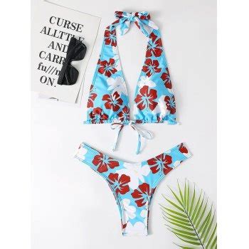 Emmiol Free Shipping Hibiscus Floral Print Bikini Set Blue L In