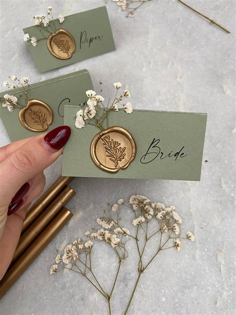 Sage Green And Gold Gypsophila Wedding Name Place Cards With Wax Seal