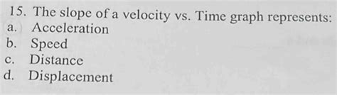 Solved 15 The Slope Of A Velocity Vs Time Graph Represents A Acceleration B Speed C