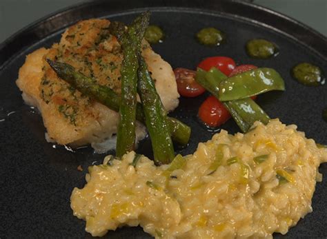 Kabeljau mit Risotto Gemüse und Pesto Rezept kochbar de